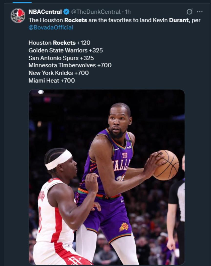 難道說？美媒曬杜蘭特下家賠率，火箭大幅度領(lǐng)跑！